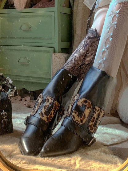 Toe Pointed Mid-Heel Leopard Black Letter - Patches Boots Print
