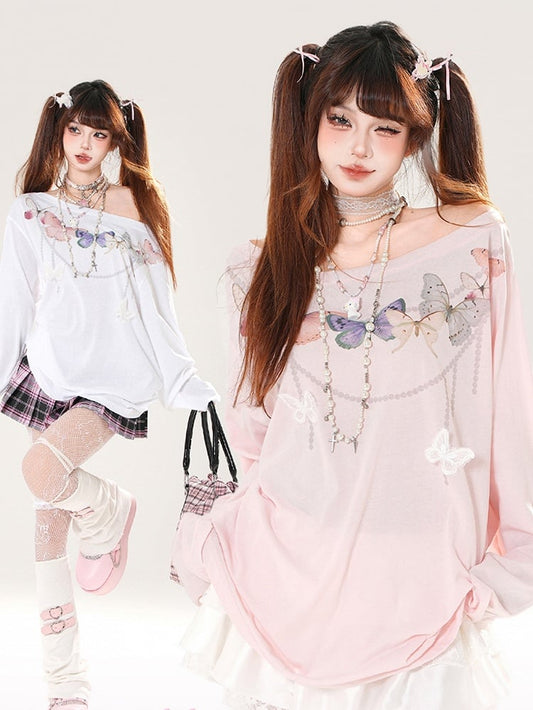 蝶型の背面、ホワイト/ピンクの非対称カットアウトディテール