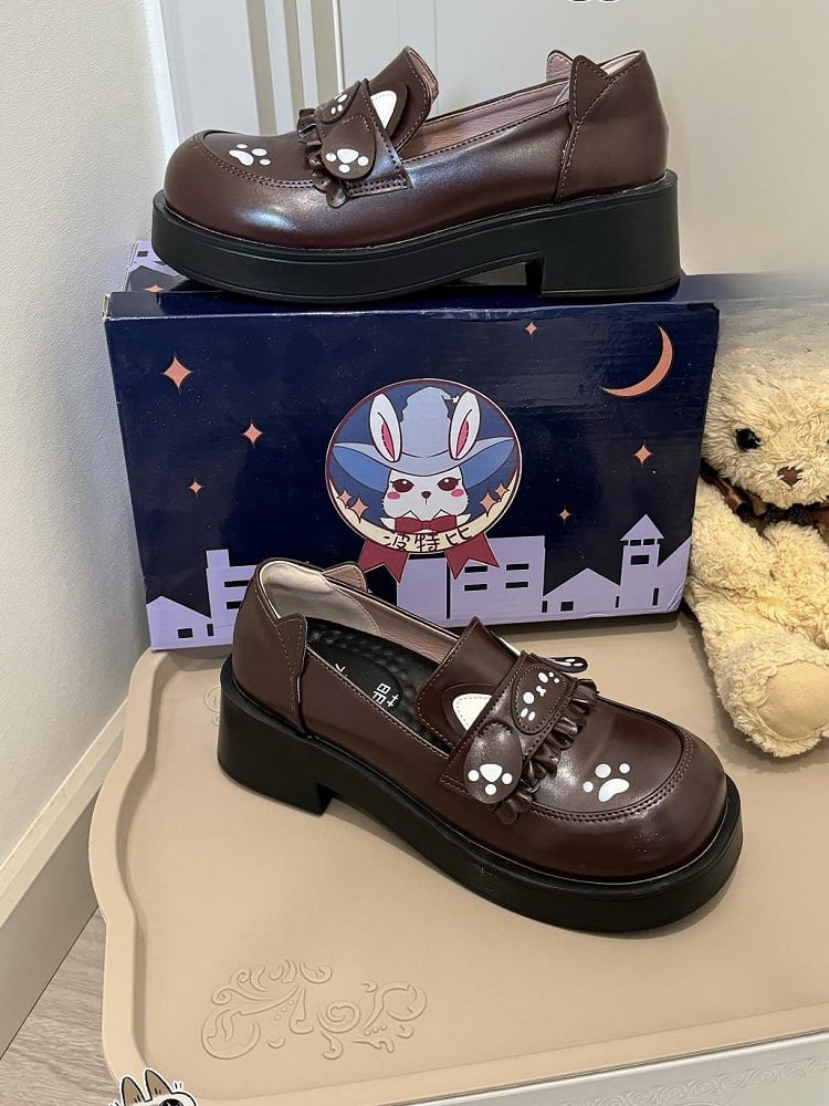 Shoes Cat PU Design with Accents Ear Preppy Print Style Slip-On - Mid-heel Brown Paw