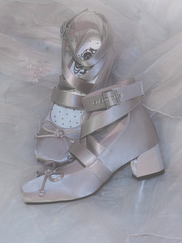 Ballet Square for Crisscross Gray Design Foot Lengh Heels - at 36 23cm Size Clearance Middle Elegant Toe Knotted Bow Top Satin