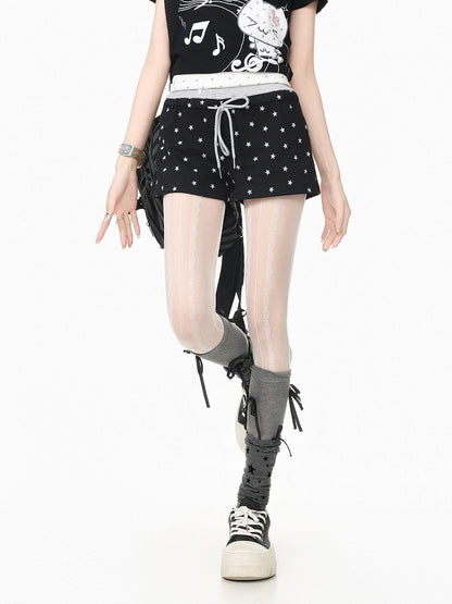 Drawstring Shorts with Star Print & Striped Waistband in Black - Languid Park