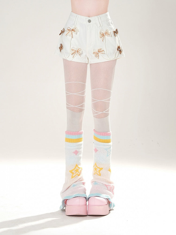 Dark Gray/White/Pink Bowknots Embellished Shorts with Beaded Chains