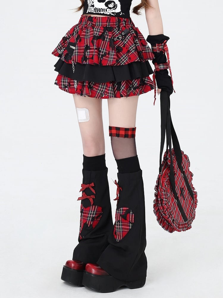 Rock Sleeves Chain Black Leg Red Plaid with Punk Decorated Tiered and Skirt Free