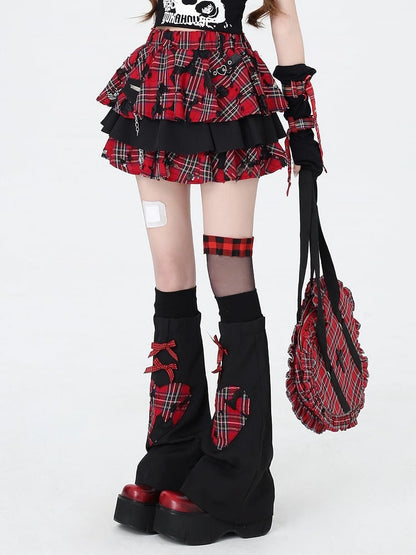 Rock Sleeves Chain Black Leg Red Plaid with Punk Decorated Tiered and Skirt Free