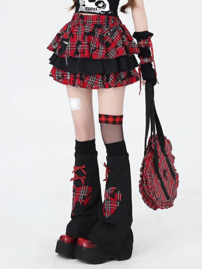 Punk Sleeves with Red Rock Decorated Chain Tiered Free Plaid Black and Skirt Leg