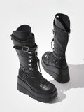 Silver Gothic Buckle Mid-Calf Boots Black Studded Strap - Platform