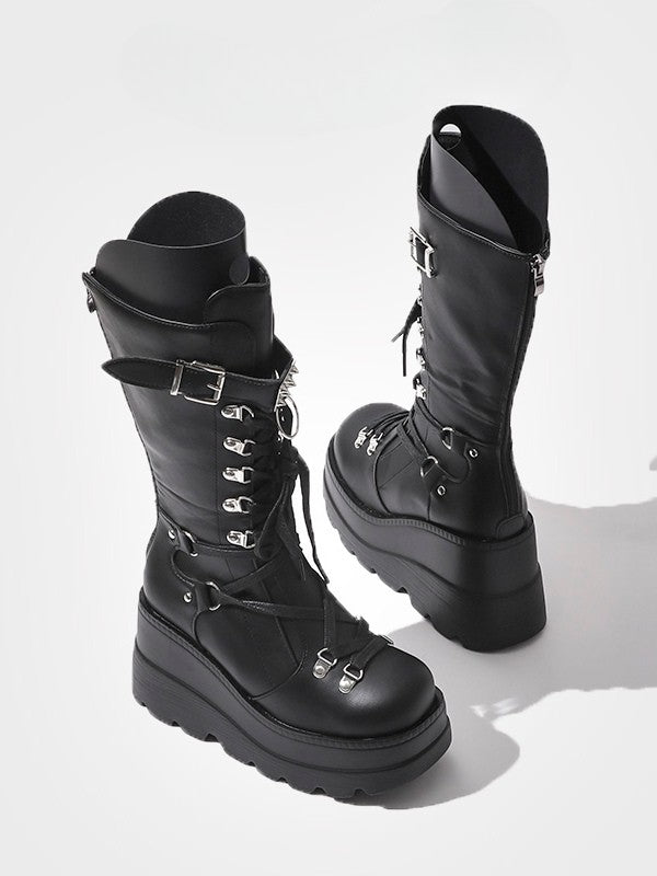 Silver Gothic Buckle Mid-Calf Boots Black Studded Strap - Platform