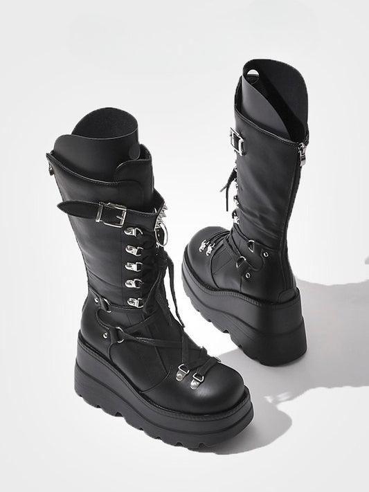 Silver Gothic Buckle Mid-Calf Boots Black Studded Strap - Platform