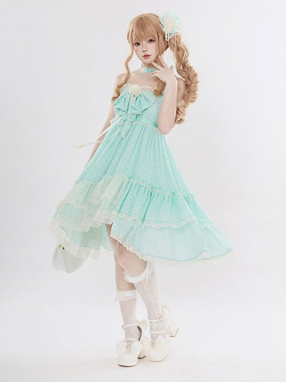 Polka Dot Bow Asymmetric Hem JSK Dress with Lace Choker - Tan Tuan