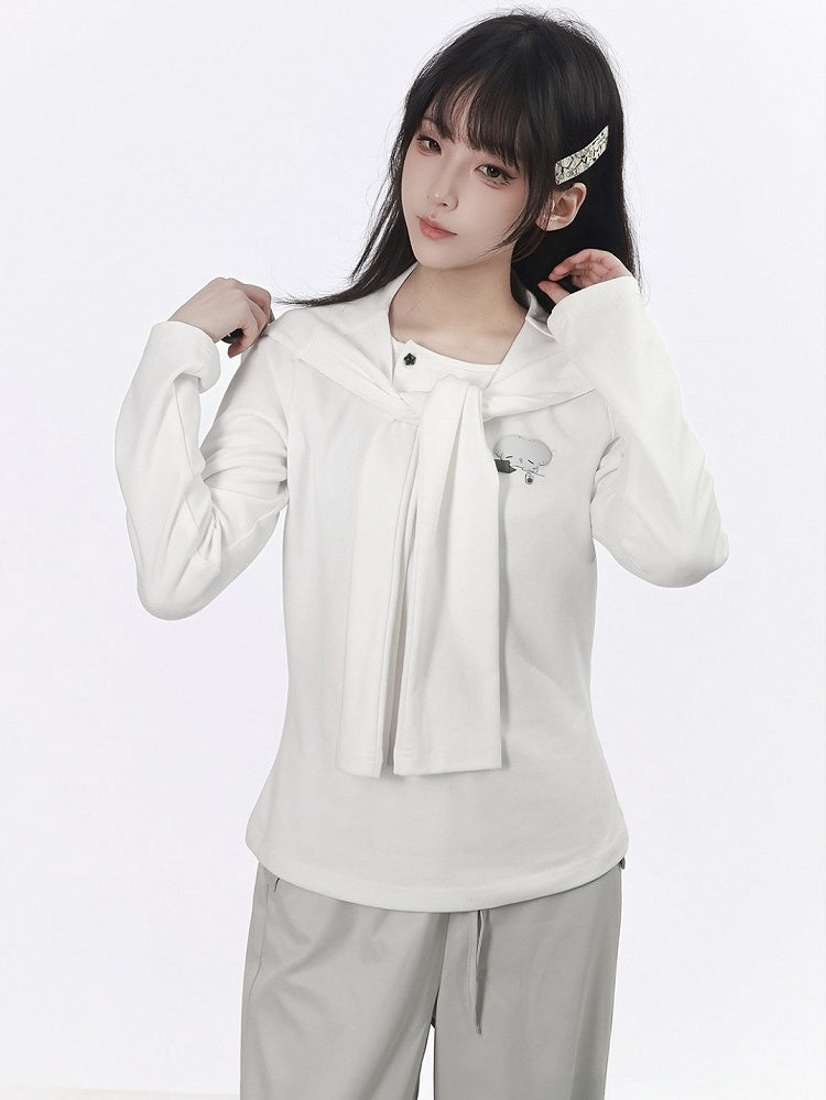 Kawaii White Puffy Mouse Print Waist-cinching Long Sleeve Top with Shawl - PINK SAVIOR