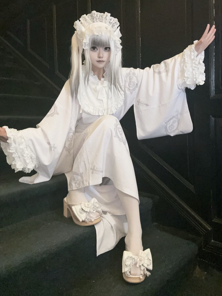 White Wa Lolita Platform Heel Clogs with Big Bow and Floral Details - Aimee