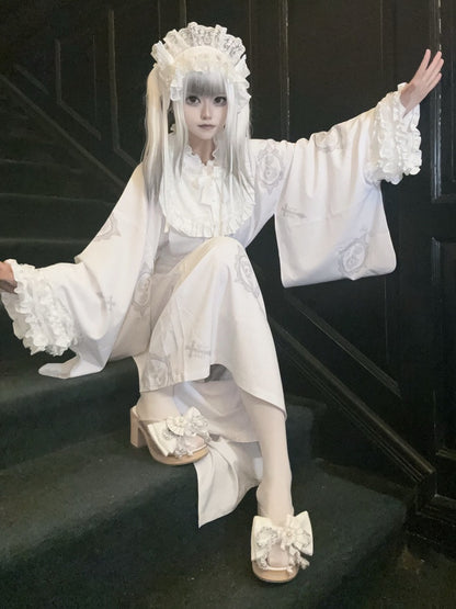White Wa Lolita Platform Heel Clogs with Big Bow and Floral Details - Aimee