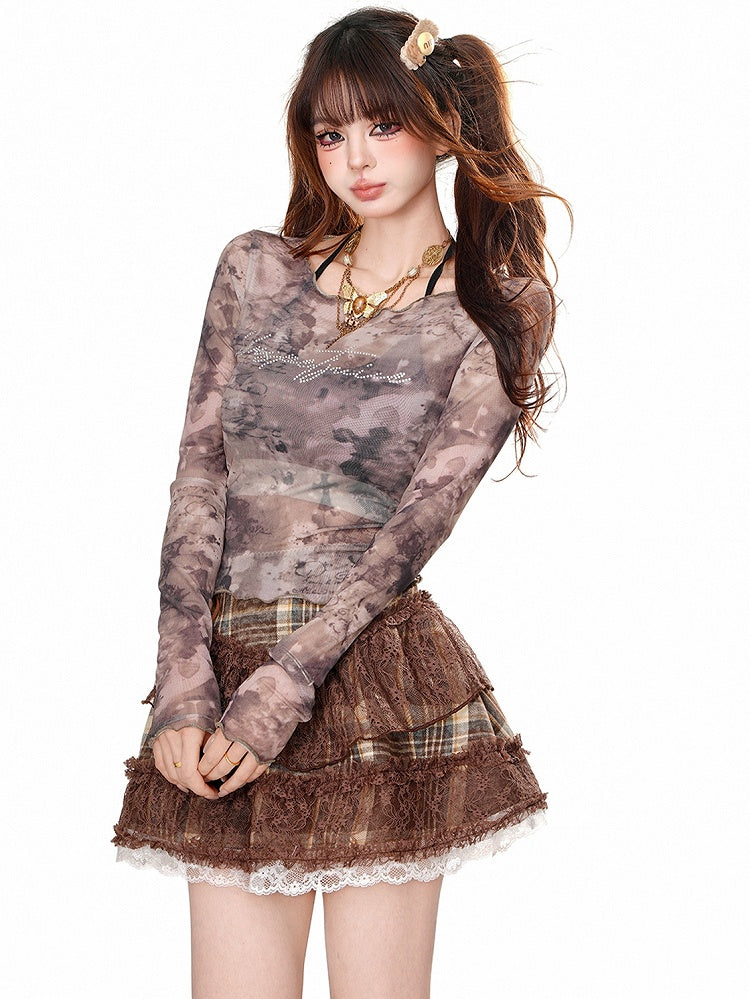 Purple/Brown Printed Mesh Top with Halter Neck Cami Top Set