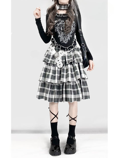 Y2K ブラック＆ホワイト チェック柄 ハイウエスト 膝丈 グラマラス ティアードスカート