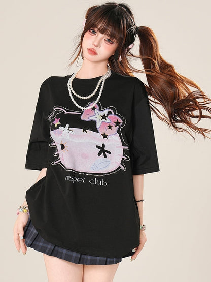 T-Shirt Grau/Schwarz Strass Halskette Kitty Perlen verziert mit Daily Print Kawaii