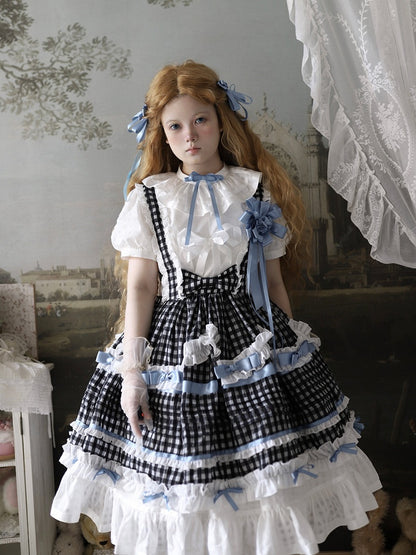Monochrome Checkered Frilly Bow Lolita Jumperdress
