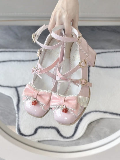 Toe Mid-heel Mary Bow Details Berry Pink Trim Square Ruffle Janes Accent -