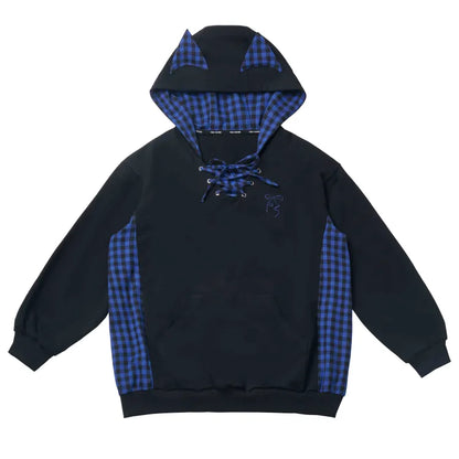 and Lace-up Detail Black Loose Dark Ears Hoodie Kitty Plaid Blue