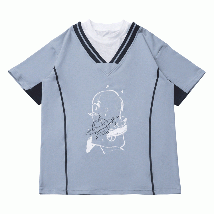 Two-pieces Neck Blue/Red Round Faux Light Graphic T-Shirt