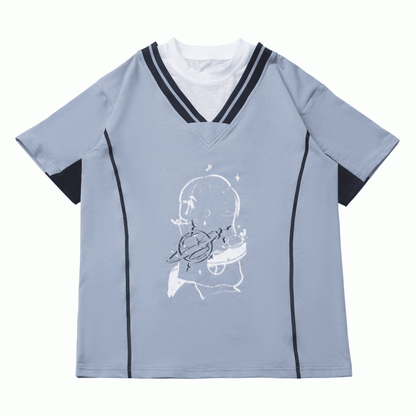 Two-pieces Neck Blue/Red Round Faux Light Graphic T-Shirt