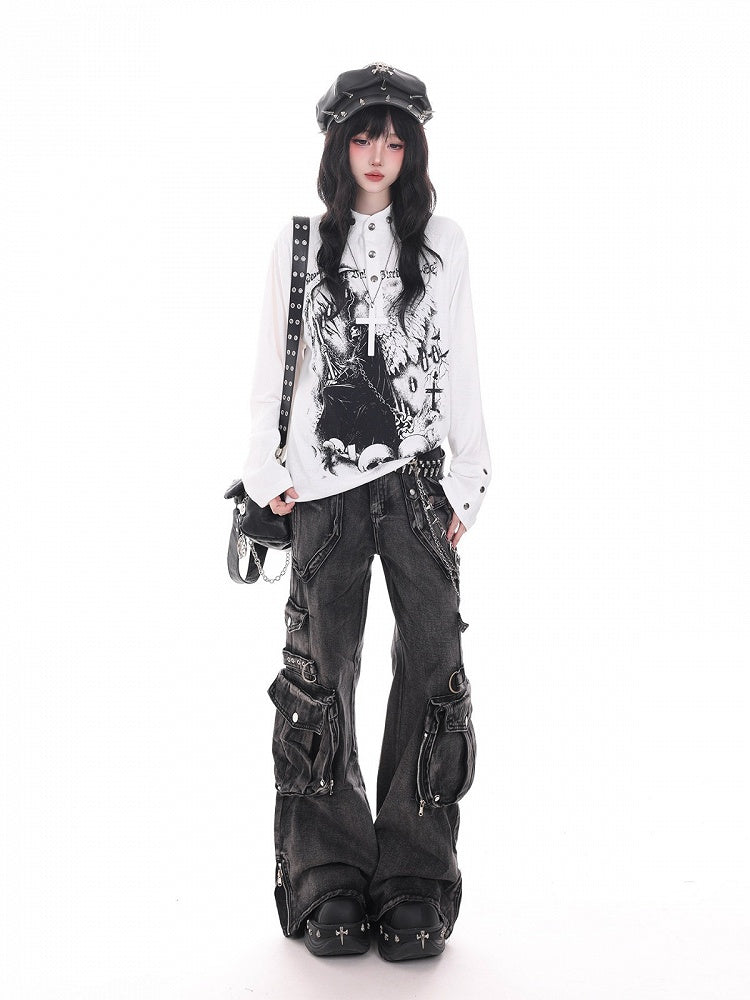 Dark Kawaii White Long-Sleeve Top with Skull Angel Print & Metal Button Details - KNOW8 Online Shop