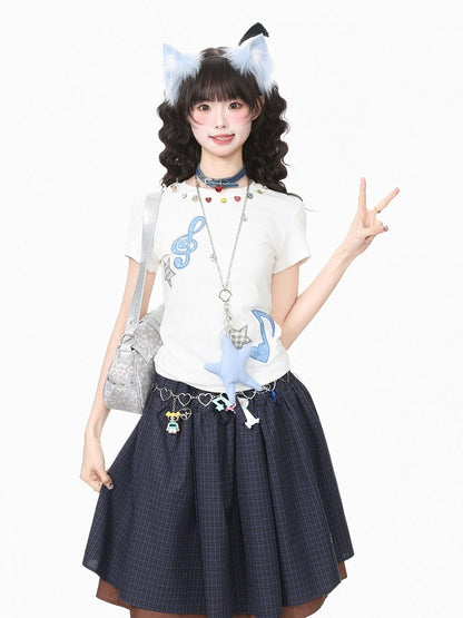 Kawaii White Slim Crewneck Tee with Music Note Embroidery and Button Accents - Languid Park