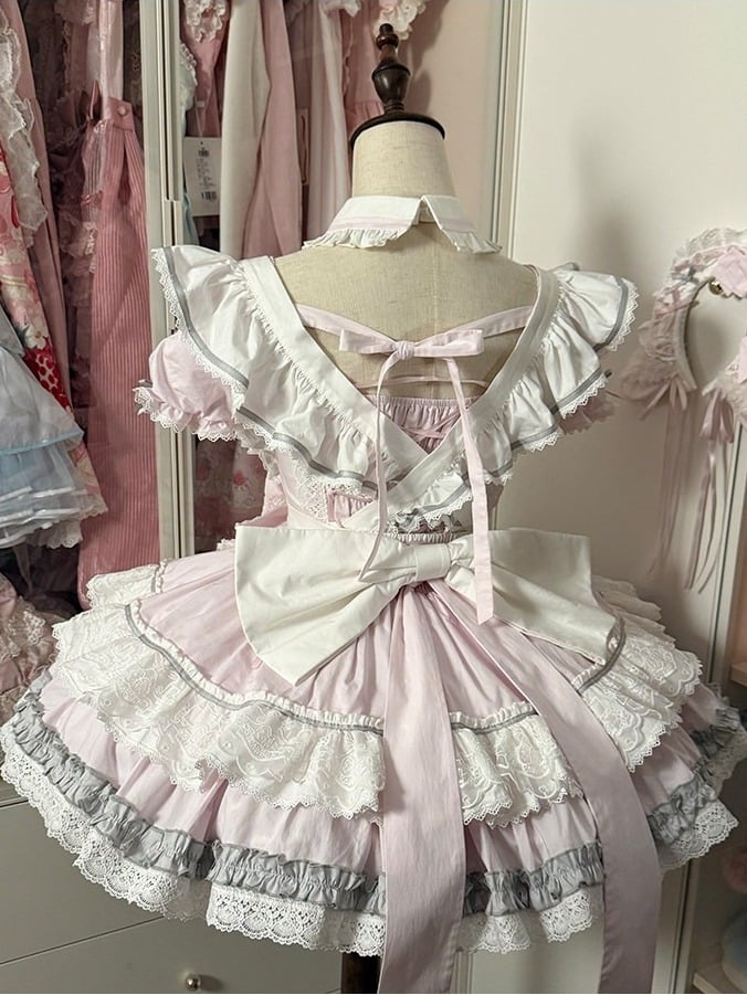 Maid Lolita Dress in Sweet Pink & White, Puff Sleeves, Flounced Skirt & Lace - Mewroco