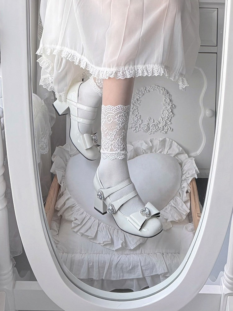 Elegant White Crystal Embellished Square Toe Mary Jane Shoes with Heart Buckle Straps - Transfer Student