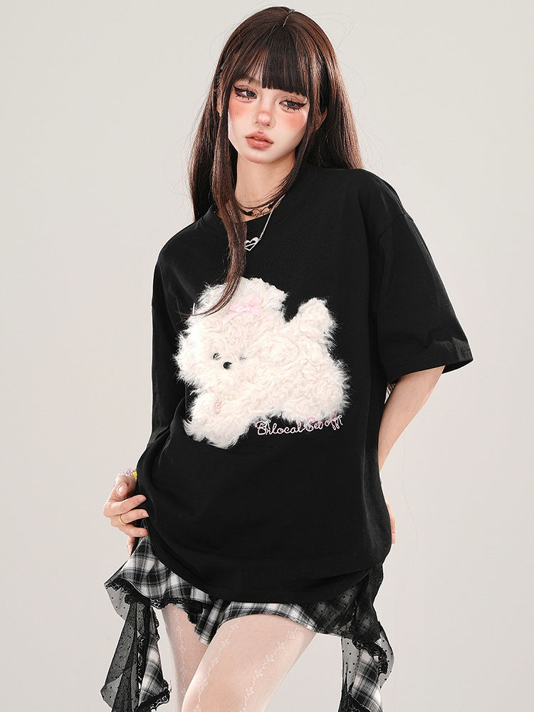 Blue/Grey/Black Plush Puppy Applique Loose T-shirt