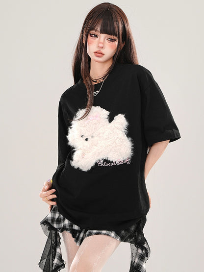 Blue/Grey/Black Plush Puppy Applique Loose T-shirt