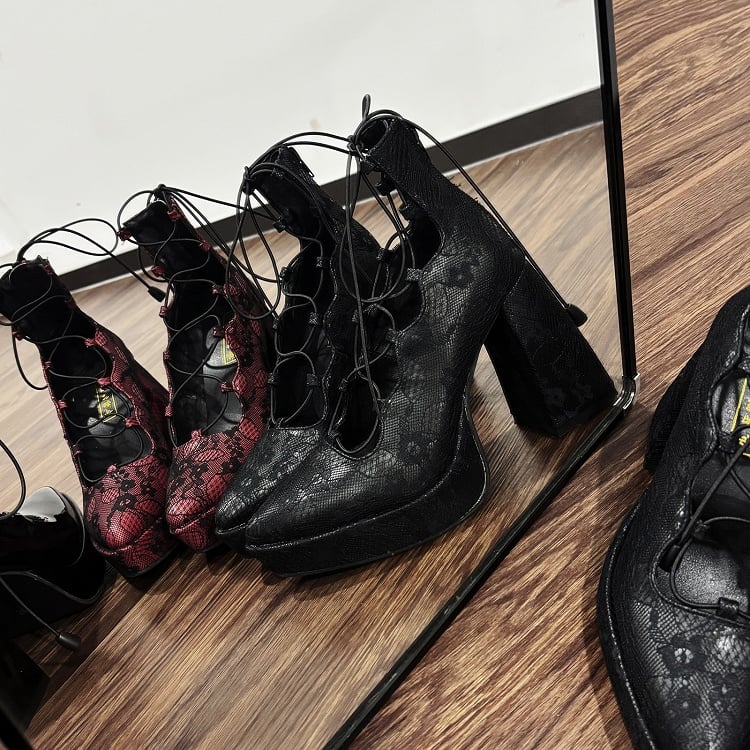Black/Red - Punk Gothic High Heels Clips Block Black Flower