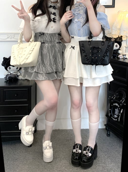 コントラストオープンパッチケイレースブラウスジライホワイト/ピンク/ブルーショルダー