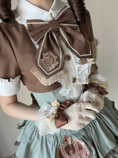 Green and Brown Preppy Striped Two-Piece Gown with Crown Embroidery - Fairy Faith