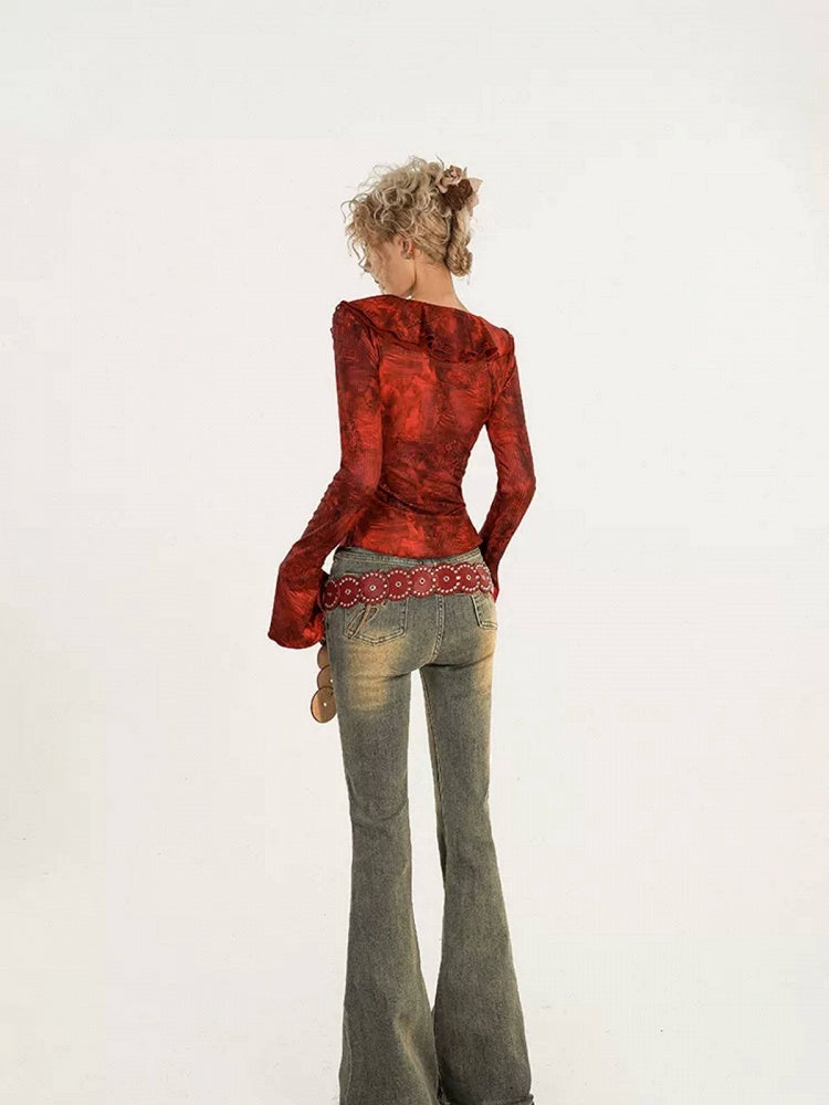 Ruffled Bell Sleeve Red Floral Pattern V-Neck Top