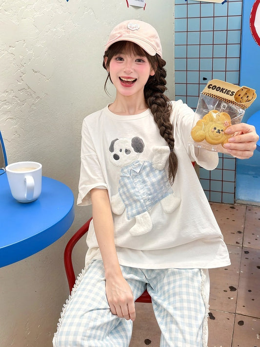 T-Shirt Cotton Adorable Puppy Applique White Loose