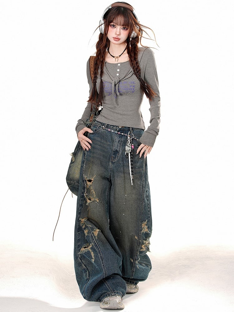 Löcher Distressed Blau Weites Bein Jeans Cut Denim