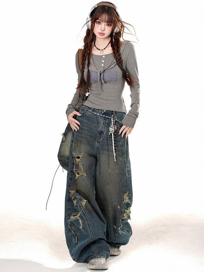 Löcher Distressed Blau Weites Bein Jeans Cut Denim