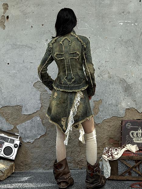 Distress with Denim Cross Red Rock Letter Blue Trim Punk Jacket Washed Patch Print