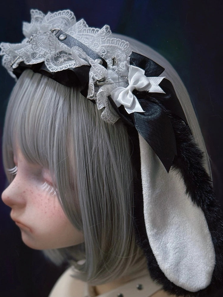 Alternative Leather Black Bunny Plush Ear Style Strap with White Droopy Dark Lace KC