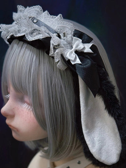 Alternative Leather Black Bunny Plush Ear Style Strap with White Droopy Dark Lace KC