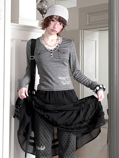 Top Daily Pocket Accents Grey Kawaii Dark Long Sleeve with V-neckline Striped