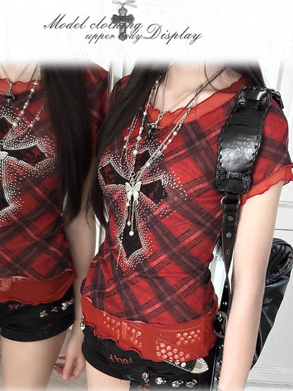 Embellished Glamorous Mesh T-Shirt Cross Y2K Punk Rhinestone Red Plaid Pattern