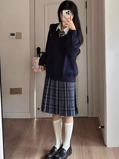 Black Plaid Skirt 55CM Pattern Uniform JK Pleated