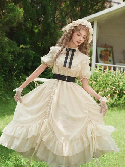 Schleifen Beige Fashion Kordelzug Lolita Kleid Schwarz mit Design Vielseitig und Taillengürtel
