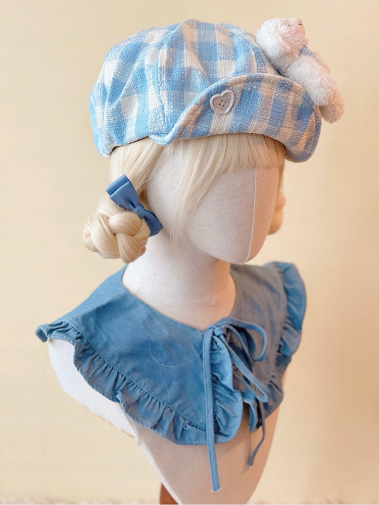 Doll Button Beret Mini Plaid Hat Bear White with Heart-Shaped Blue