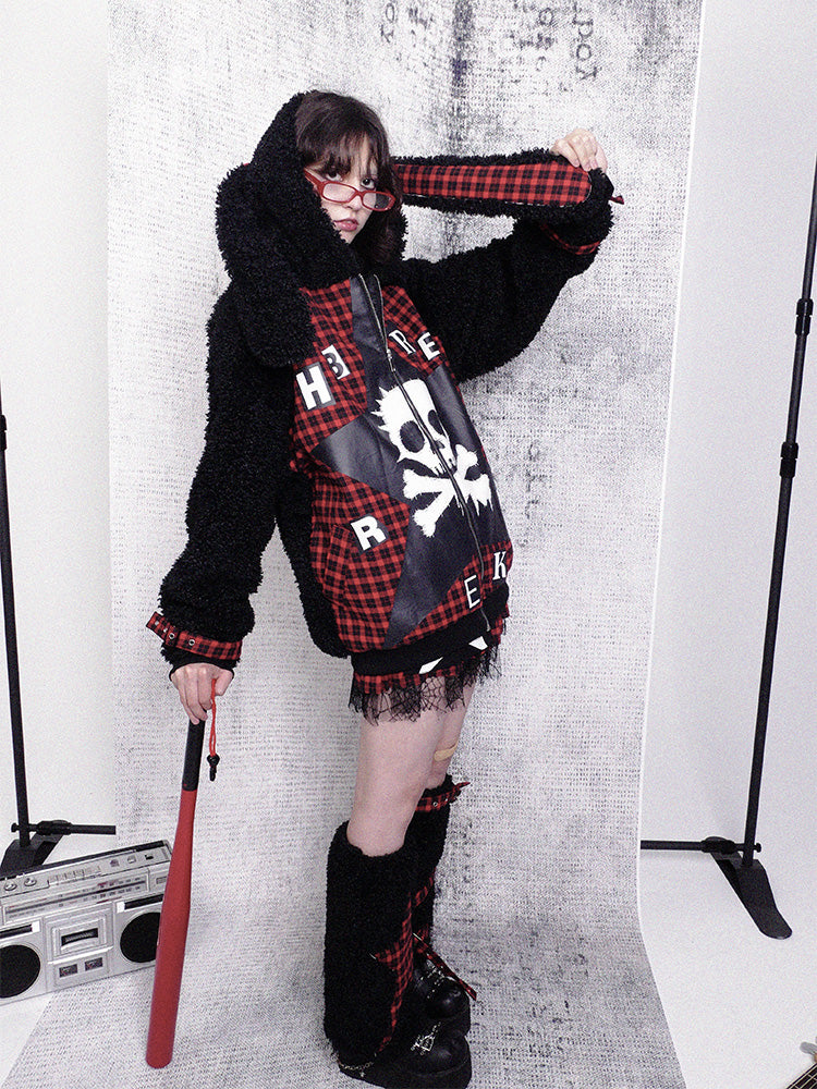 Ear Plaid Panel Adjustable Black Straps Cuff with Bunny Coat Red