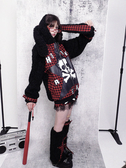 Ear Plaid Panel Adjustable Black Straps Cuff with Bunny Coat Red