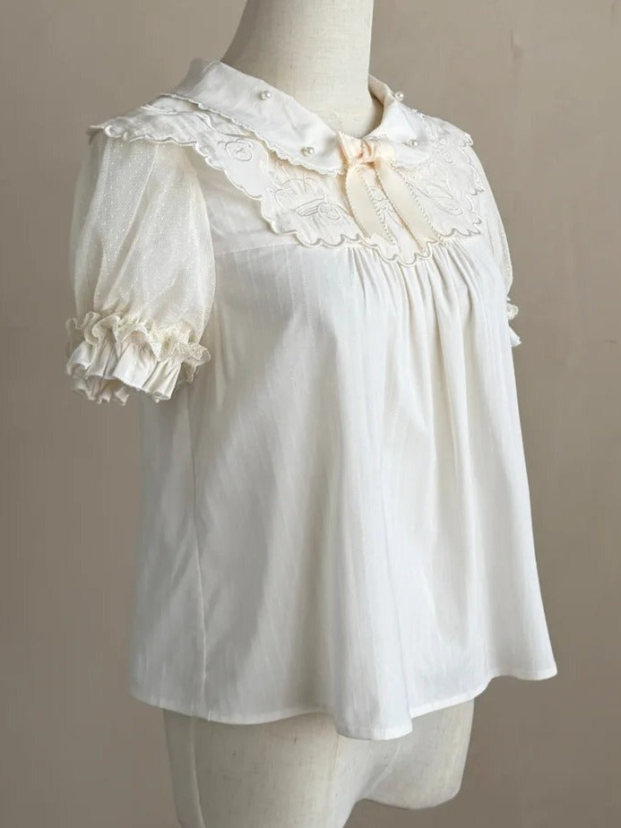 Sweet Lolita Blouse with Embroidered Collar and Puff Sleeves - Treasure House