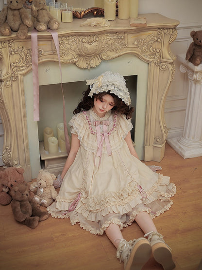 Beige Rosette Jacquard Lolita OP Dress with Layered Ruffles - With PUJI