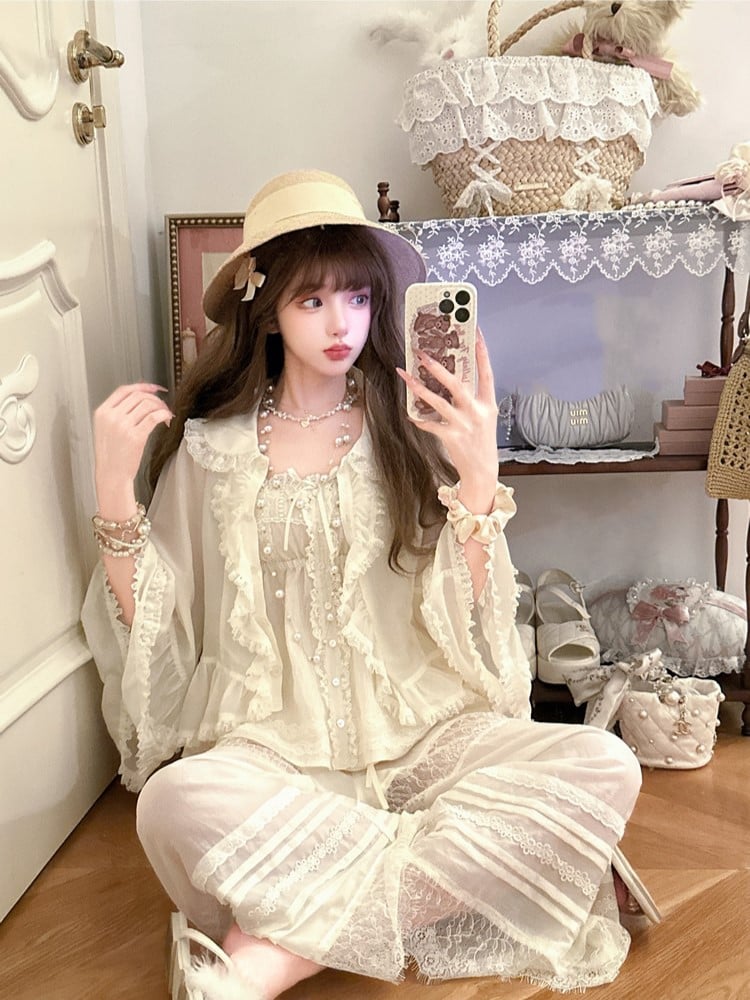 Sun-protective Apricot Bell Sleeves Ruffled With Cardigan